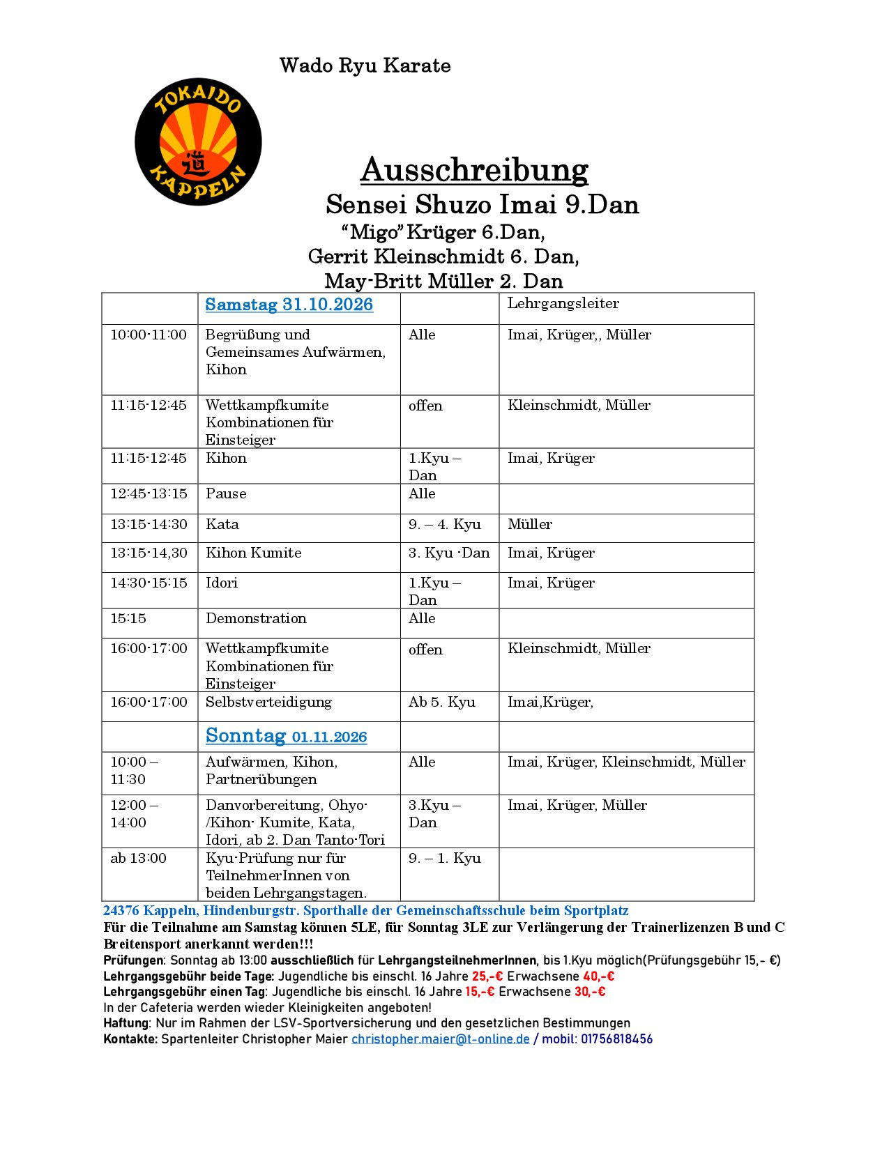 Ausschreibung Lehrgang Sensei Shuzo Imai, Kappeln 31.10.-01.11.2026